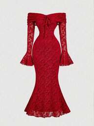 SHEIN PETITE Damen Off-Shoulder Langarm Bodycon Kleid mit Vorderbindung, rotes Meerjungfrau-Spitzenkleid, Silvester Kleid für Damen, Silvester Party Kleid, Valentinstag Abendkleider für Hochzeitsgäste, Hochzeitsgast Kleid
