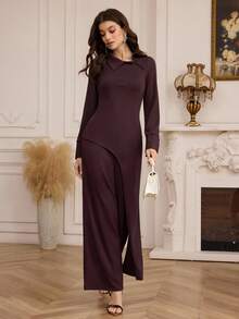 Modelyn Women's Daily Commute Oblique Collar Asymmetric Design Top And High Waist Wide Leg Pants 2 Pieces Set - Brown - View 5