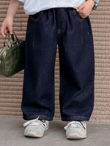 DAZY Young Boy Casual Everyday Commute Minimalist Versatile Loose Fit Wide Leg Jeans - Dark Wash - View 4