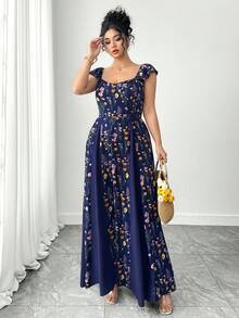 Elenzga Đầm tay ngắn phối màu, kiểu patchwork, cỡ lớn - Màu xanh lam - Xem 6
