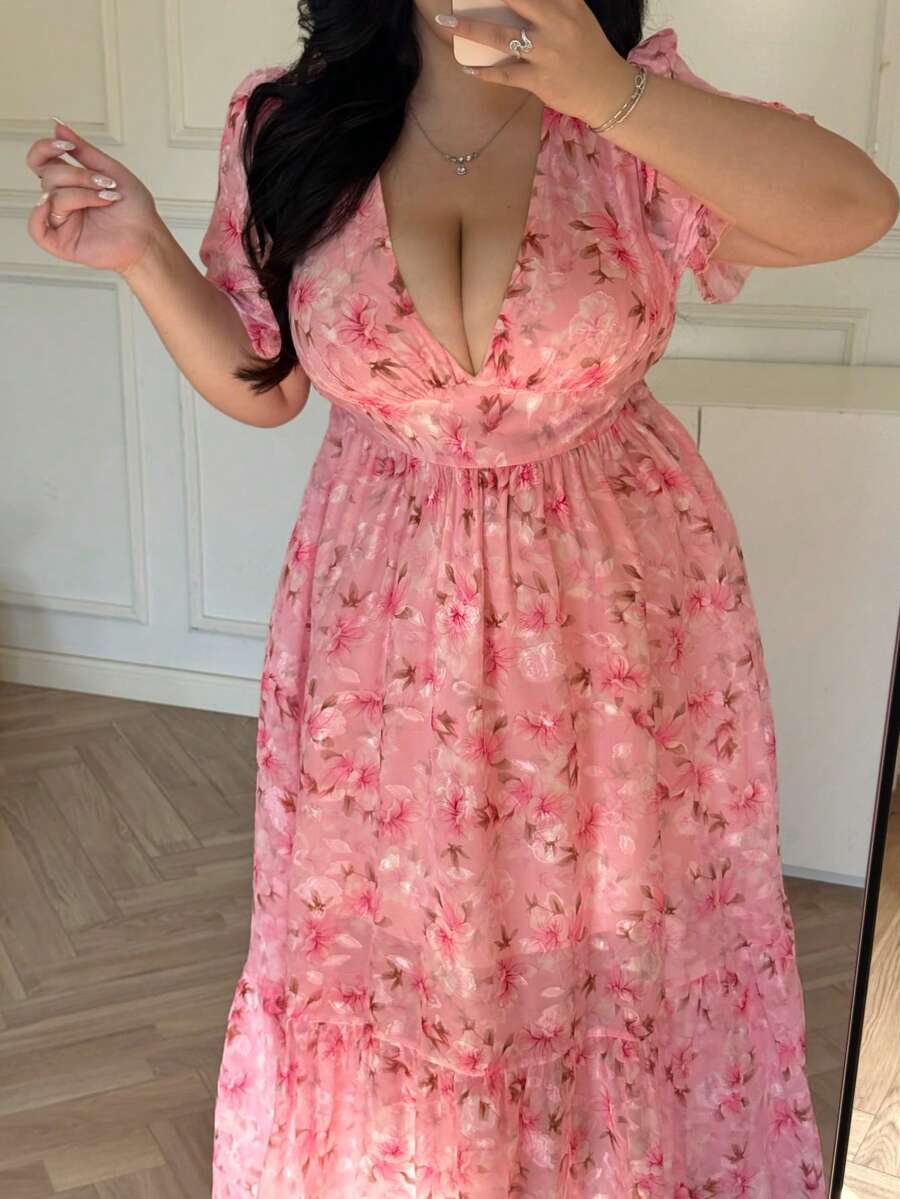 Vibekara Spring, Summer, Elegant, Vacation French Retro Textured Chiffon Floral Print Puff Sleeve V-Neck Waist Cinched Slim Fit Princess Dress, Spring/Summer Women Outfit - Multicolor - View 1