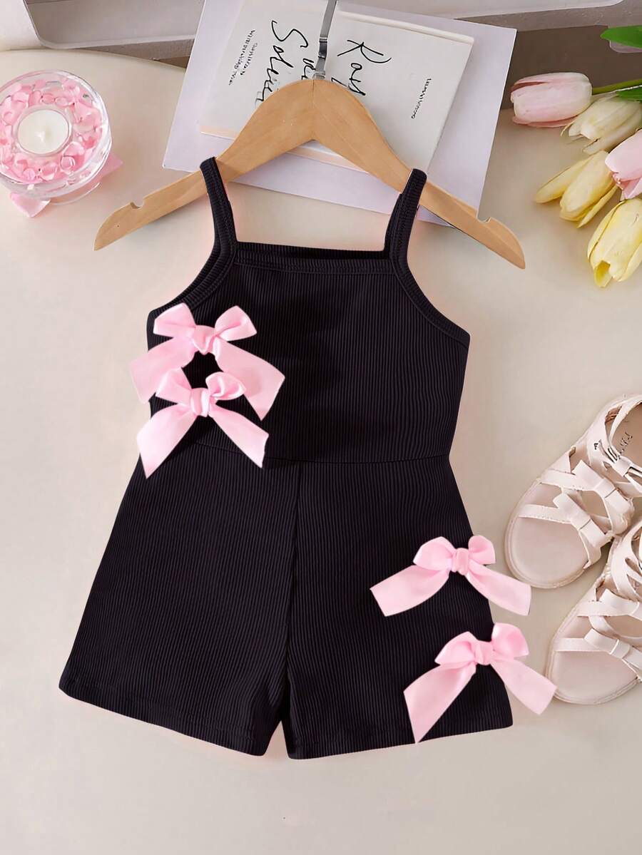 SHEIN Playful Pals 女婴休闲无袖弹力罗纹面料蝴蝶结装饰连体衣，短款，粉色，夏季蝴蝶结婴儿服装，女婴蝴蝶结连体衣，女婴黑色服装，女婴黑色服装，女婴黑色和粉色服装，女婴夏季服装，黑色婴儿连体衣