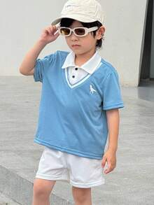 SHEIN 2 Pieces Set Of Young Boys Boys' Casual Sportswear Includes A Cute Little Dinosaur-Patterned 2 In 1 Polo Shirt And Shorts Set, Suitable For Kids' Outfits, Young Boy Clothes, Back To School Boys Set, Suitable For Birthday Parties, Evening Events, Performances, Weddings, Baptisms, And School Commencements. It Is Suitable For Daily Wear, School, Travel, Sports, And Spring And Summer Seasons. - Dusty Blue - View 10