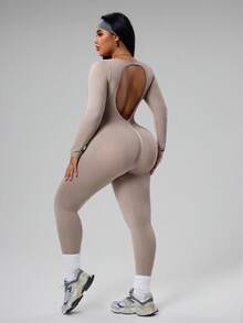 Rhythm Era Plus Size Women Seamless Backless V-Back Sports Jumpsuit - Khaki - View 1