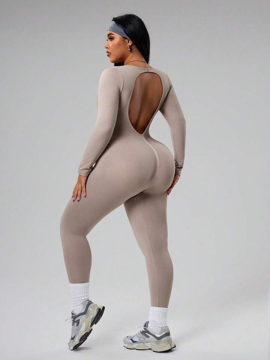Rhythm Era Plus Size Women Seamless Backless V-Back Sports Jumpsuit - Khaki - View 1
