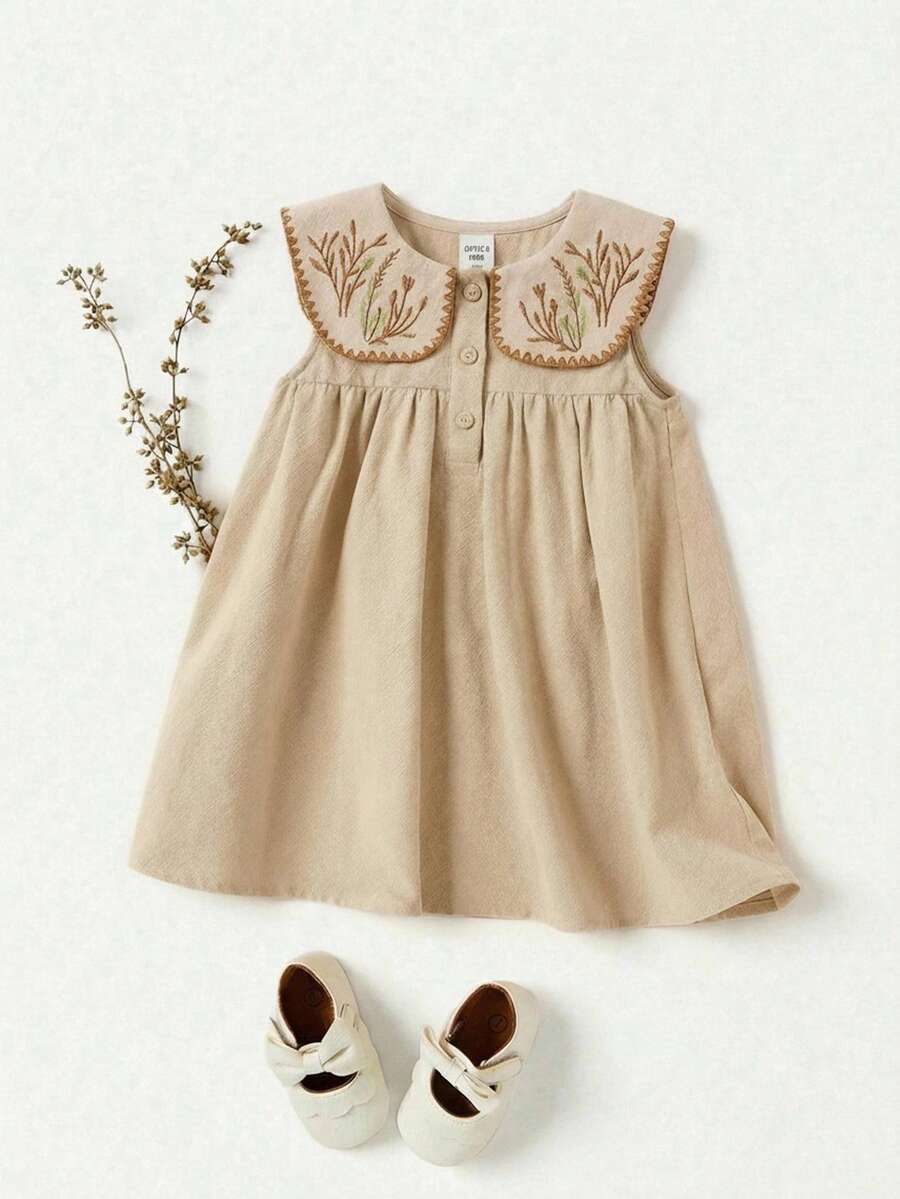 Babygirl Cute Loose Floral Pattern Coffee Color Peter Pan Collar Dress,Kids - Multicolor - View 1