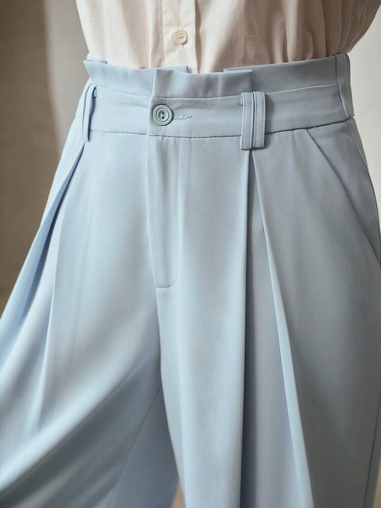 WOMEN'S SKY BLUE CASUAL FOLD PLEATED WIDE LEG PANTS