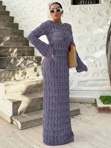 EURMUSE Women's V-Neck Crochet Jacquard Long Coverup Dress, Suitable For Vacation - Navy Blue - View 3
