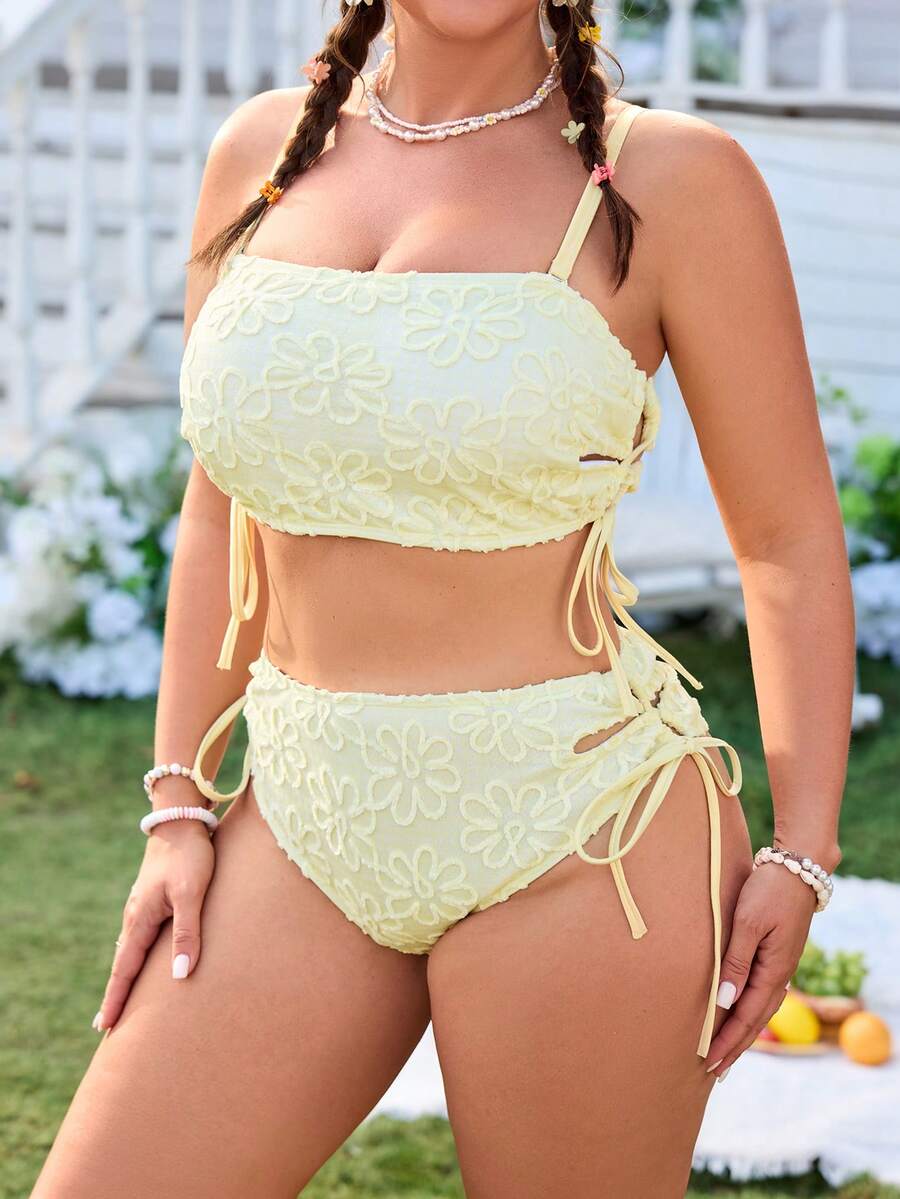 Swim Mod Plus Size 2pcs Swimsuit Set, Minimalist Design For Daily Wear, Women Summer Beach Outfit - Yellow - View 1