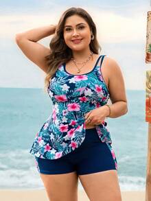 Swim Lushoire 2026新款加大码 Lushore 印花挂脖式坦克背心泳衣套装，欧美跨境款 - 水鴨藍 - 查看 3