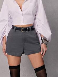 Hauture Fashionable & Elegant Glen Check Shorts With Belt Loops, Loose & Versatile - Dark Grey - View 2