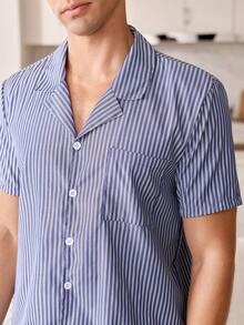 SHEIN Navy Blue Striped Print Lapel Casual Men's Pajama Set - Navy Blue - View 4