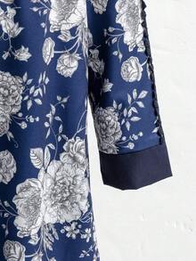 SHEIN Young Girls Casual Back To School Spring Blue White Dress Print - Navy Blue - View 7