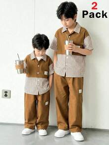 2pcs/Set Young Boy Comfortable Casual Loose Fit Striped Patchwork Shirt And Pants Set, Suitable For Spring/Summer - Brown - View 5