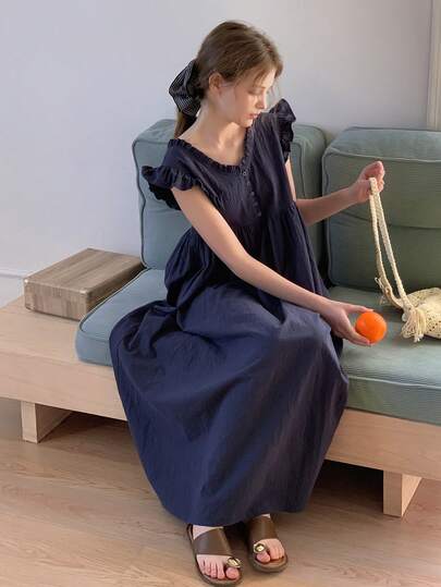 DAZY 少女休闲纯色V领短袖连衣裙