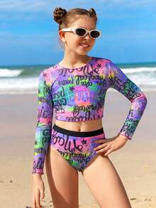 Tween Girl 拼色装饰吊带上衣，圆领长袖全身印花比基尼上衣和下装，随机印花，青年 - 紫色 - 查看 1