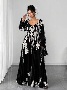 SHEIN Elenzya 大码女装时尚定位印花水钻领长袖连衣裙 - 黑色 - 查看 6