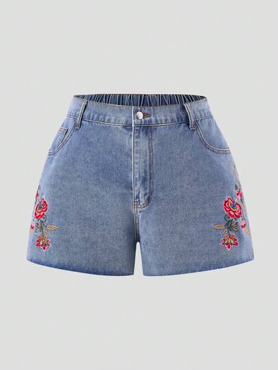 SHEIN MOD Plus Size Summer Casual Floral Embroidered Denim Shorts