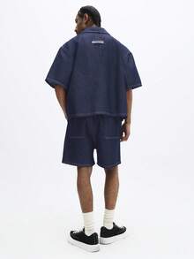 SUMWON Oversized Denim Button Down Short Sleeve Shirt And Matching Elastic Waist Shorts Co-Ord Set With Contrast Stitching - Dark Wash - View 2
