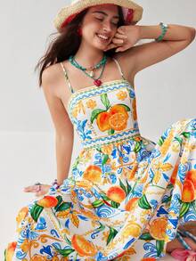 Soleia Beach Outfit For Women  Summer Outfits Vacation Outfits Women  Floral Dress For Women Beach Outfits For Women Vacation Dress  Women's Fruit Print Sleeveless Midi Dress, Vacation Style - Multicolor - View 2