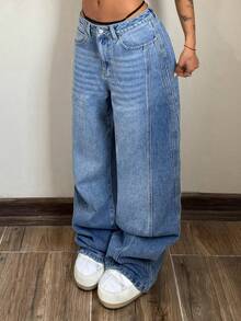 StreetHx 时尚休闲街头风织带低腰破洞牛仔裤 - 中等水洗藍 - 查看 4