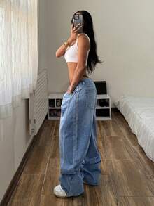 StreetHx 时尚休闲街头风织带低腰破洞牛仔裤 - 中等水洗藍 - 查看 6