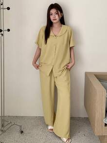 Dazy Plus Plus Size Women Solid Color Short Sleeve Single-Breasted Top And Pants Pajama Set - Yellow - View 4
