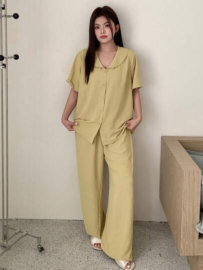 Dazy Plus Plus Size Women Solid Color Short Sleeve Single-Breasted Top And Pants Pajama Set