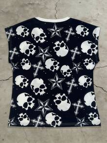 Glimmora Fashionable Printed Fitted Crew Neck Short Sleeve T-Shirt, Summer - Black and White - View 2