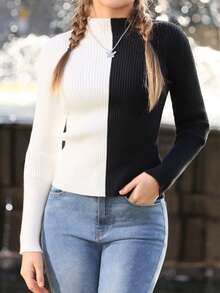 SHEIN Áo len nữ Khối Màu Giải trí - Đen và trắng - Xem 1