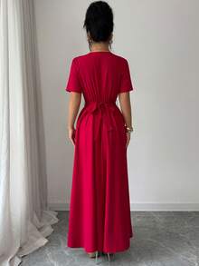 Islaluna 女士优雅奢华金色丝带V领收腰短袖红色长连衣裙，春夏款 - 紅色 - 查看 2