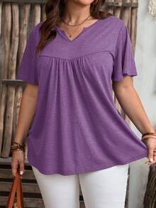 Rosumi Kaos Lengan Pendek Kerah Berlekuk Warna Polos Kasual Musim Panas Ukuran Besar - Purple - View 13