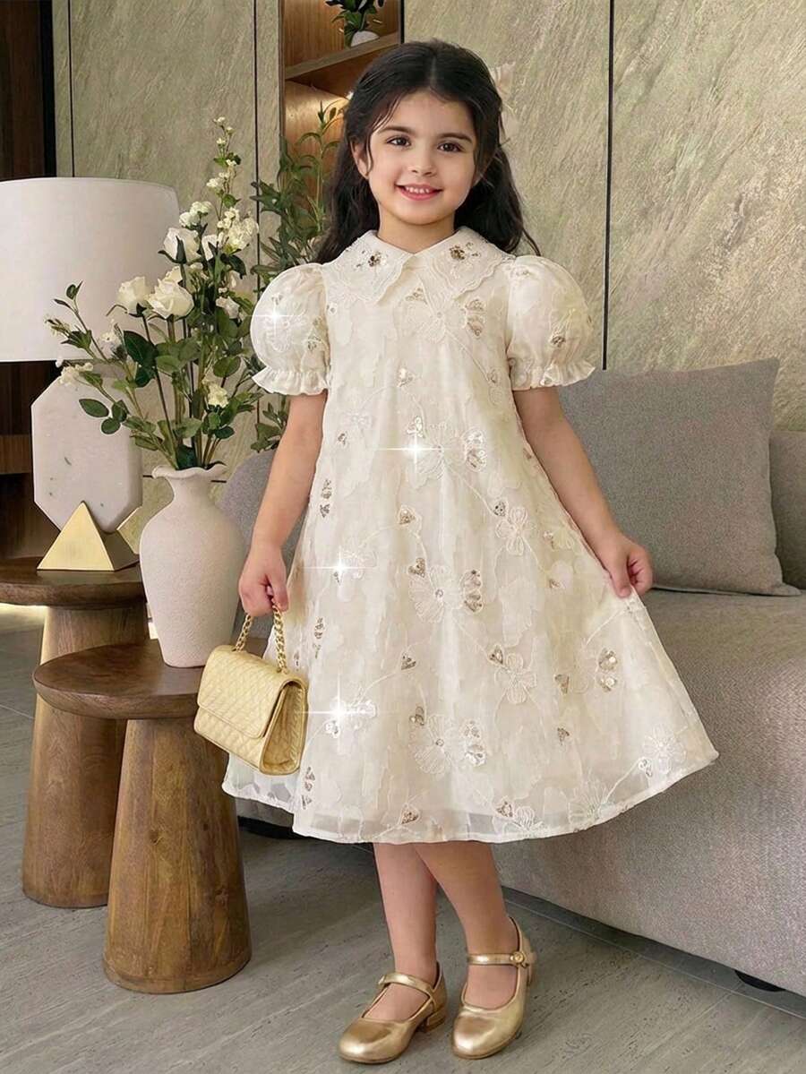 Young Girl Elegant & Cute Floral Mesh Dress - Apricot - View 1