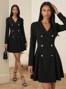 Lilora 优雅高端法式V领修身A字双排扣金属纽扣装饰长袖连衣裙，适合工作、约会和派对等场合。 - 黑色 - 查看 1