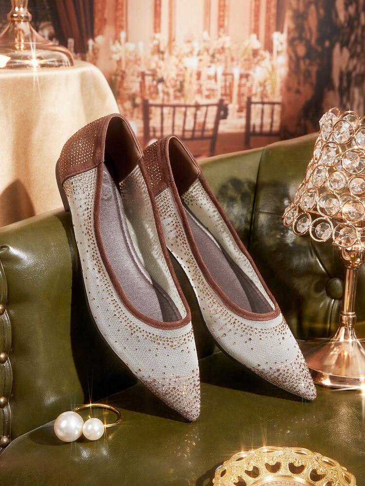 CUCCOO TILAWA Women's Pointed Toe Shoes With Rhinestone Decor, Mesh Material, Fashion Comfortable Slip-On Shoes For Daily, Party, Wedding Valentine's Day