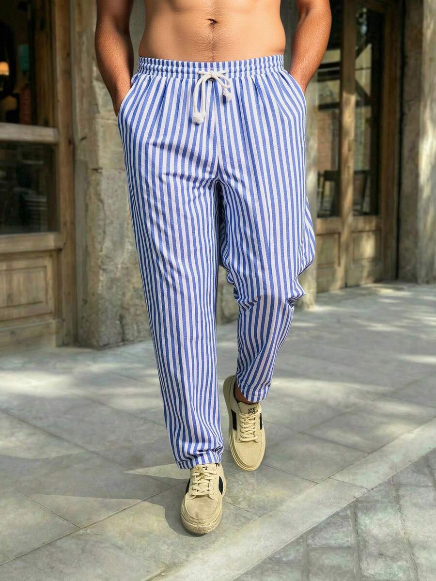 HIMLAND 男士休闲梭织竖条纹中腰抽绳锥形裤，秋季，Old Money