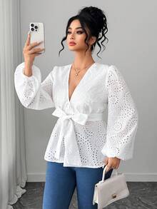 Elenzga Áo kiểu nữ cỡ lớn thanh lịch, gợi cảm, cổ chữ V sâu, tay dài, thắt nơ phía trước, thêu họa tiết. - trắng - Xem 6