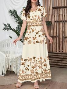 Al Najma Đầm dệt kim tay ngắn cổ chữ V thanh lịch dành cho nữ, in họa tiết hoa, thích hợp mặc riêng hoặc phối lớp, lý tưởng cho các buổi hẹn hò, kỳ nghỉ, hàng ngày, thường ngày, tiệc tùng, lễ hội, đầm thu đông, đầm hoa/đầm xòe, đầm in họa tiết thực vật, đầm màu vàng. - Vàng nhạt - Xem 3