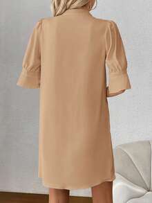 SHEIN Clasi Đầm nữ màu trơn cổ chữ V tay bồng dáng rộng - Màu Khaki - Xem 2
