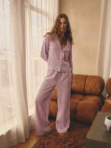 Aralina Sleepwear 2pcs Striped Collared Ruffle Neck Long Sleeve Balloon Sleeve Button Down Shirt And Wide Leg Long Pants Matching Set , Cute Cosy Christmas Pajamas - Dusty Pink - View 2