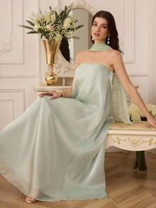 Modelyn Gentle And Elegant Light Brown Sheer Draped Backless Shawl Midi Dress For Women's Travel. - Green - View 7