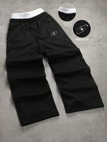 PAVTROS Plus Size Men's Casual Fashion Street Daily Commute 2 In 1 Drawstring Waist Embroidered Loose Wide-Leg Sweatpants 2pcs Men's Elastic Pants Men Black Cargo Shorts Men's Short Pants Men's Street Wear Shorts Techwear Pants - Black - View 3