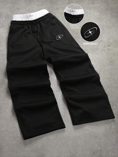 PAVTROS 加大码男士休闲时尚街头日常通勤二合一抽绳腰刺绣宽松阔腿运动裤