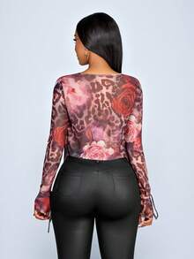 SOLERSUN Women's Elegant Sexy Rose Leopard Print Mesh Fabric Drape Neck Ruched Mesh Long Sleeve T-Shirt, Perfect For Valentine's Day Dating - Rose Red - View 2