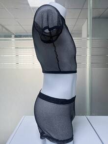 WENEZON 男士内衣套装，透明银色网纱套装，性感JK装扮，角斗士风格 - 黑色 - 查看 3