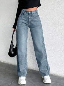 EURMUSE 100%Cotton Straight Slant Pocket Casual Washed Jeans - Baby Blue - View 1