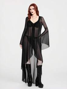 Breakform 女士哥特式性感网纱V领系带不对称下摆宽松开衫 - 黑色 - 查看 4