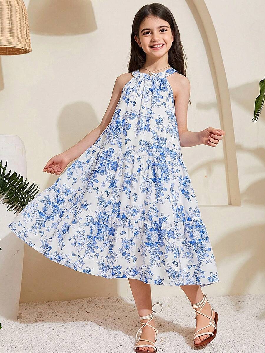 SHEIN 少女碎花无袖宽松休闲度假连衣裙 - 藍色 - 查看 1