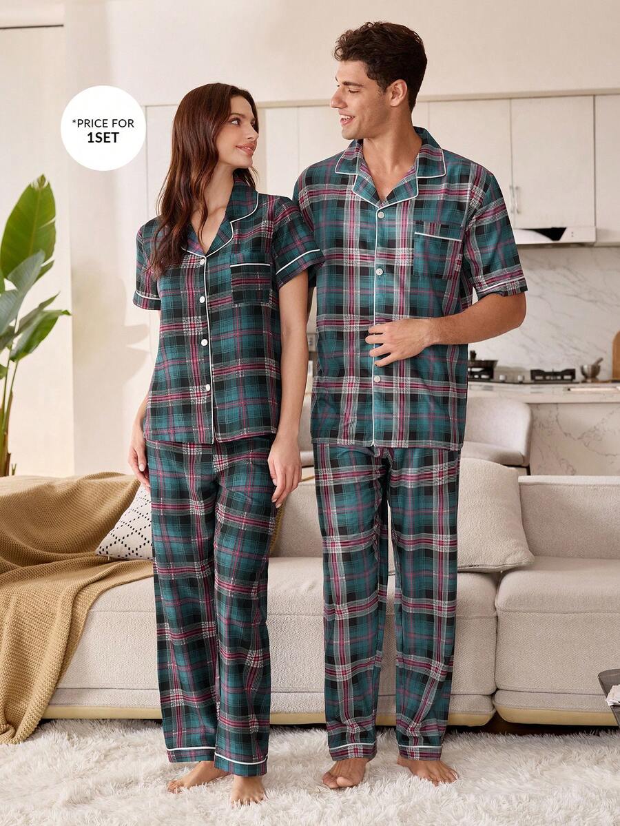 SHEIN 撞色滚边格子印花翻领男士睡衣套装 - 彩色 - 查看 1