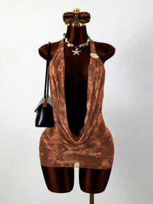 Swim SXY Women's Random Tie-Dye Print Kaftan Dress With Draped Collar, Waist Tie, And Ruffle Hem, Sexy Casual Beach Party Dress - Multicolor - View 2